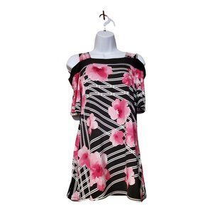 Syndrome Women's M Black & Pink Floral Open Shoulder Blouse